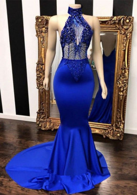 Buy Cheap 2022 High Neck Beading Royal Blue Satin Sexy Luxury Prom Formal Dress Under 248