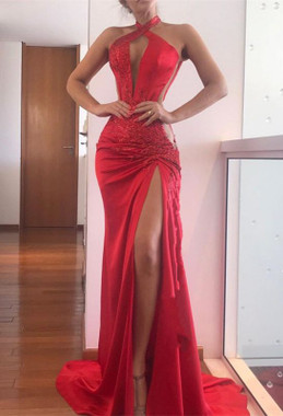 Shop 2022 ANNAKOO Red Halter Sheath Ruched Appliques Satin Prom Formal Dress With Slit Under 190