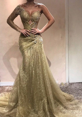 Shop 2022 ANNAKOO Long Sleeve One Shoulder Gold Tulle Appliques Ruched Prom Formal Dress Under 219
