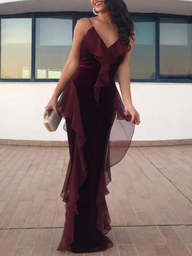 Shop ANNAKOO 2022 Spaghetti Strap Chiffon Burgundy Ruffles Sheath Column Prom Formal Dress Under 139