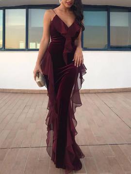 Shop ANNAKOO 2022 Spaghetti Strap Chiffon Burgundy Ruffles Sheath Column Prom Formal Dress Under 139