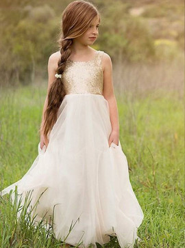 Sequin Square Neck White Tulle Flower Girl Dress 