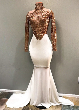 Shop 2022 ANNAKOO Long Sleeve High Neck Two Tone Mermaid Spandex Prom Formal Dress Under 219