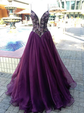 Shop 2022 ANNAKOO Spaghetti Strap Beading Grape Purple Tulle A Line Prom Formal Dress Under 199
