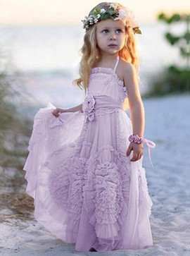 Ruffles Flowers Halter Long Pink Tulle Flower Girl Dress 