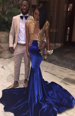 Shop 2022 ANNAKOO High Neck Two Tone Cap Sleeve Gold & Blue Trumpet Mermaid Formal Dress Under 198