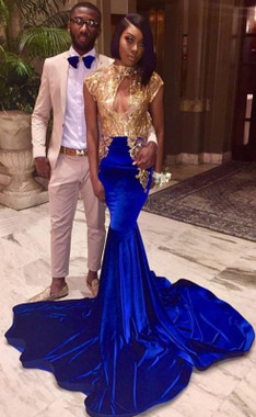 Shop 2022 ANNAKOO High Neck Two Tone Cap Sleeve Gold & Blue Trumpet Mermaid Formal Dress Under 198
