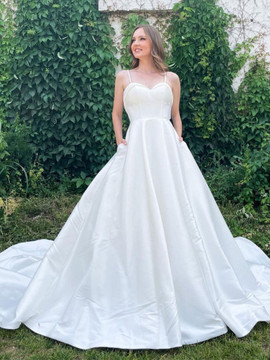 Buy Annakoo 2022 Elegant Long Train Button Satin Bride Wedding Dress Under 180