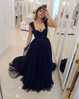 Shop 2022 Annakoo Navy Blue Tulle Long Beading Straps Prom Formal Dress Under 199