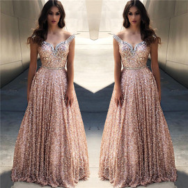 Shop 2022 ANNAKOO Off The Shoulder Beading Rose Gold Sequin Prom Dress Under 199
