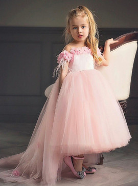 Cute Off The Shoulder High Low Pink Flower Girl Dress with Flowers