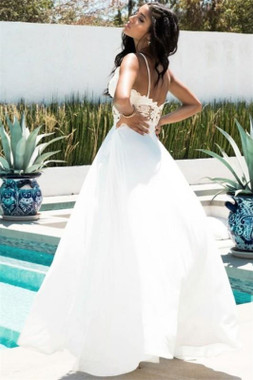 Shop 2022 ANNAKOO Spaghetti Straps White Chiffon Open Back Long Prom Dress With Split Under 139