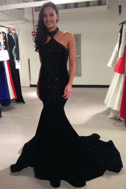 Shop Annakoo 2022 Halter Black Sequin Trumpet Mermaid Backless Prom Formal Dress Under 149