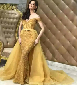 Shop 2022 ANNAKOO Yellow Tulle Beading Off The Shoulder Mermaid Prom Dress Under 288
