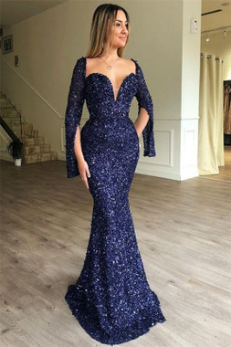 Shop 2022 Royal Blue Long Sleeve Trumpet Mermaid Sequin Prom Dress Under 248