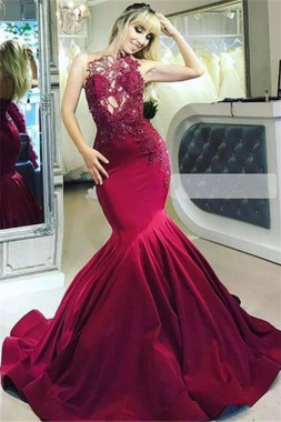 Shop 2022 Annakoo Sheer Neck Appliques Burgundy Trumpet Mermaid Prom Dress Under 218