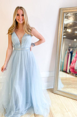 Shop 2022 ANNAKOO Sky Blue Deep V Neck Tulle Backless Prom Dress Under 145