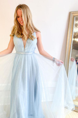 Shop 2022 ANNAKOO Sky Blue Deep V Neck Tulle Backless Prom Dress Under 145