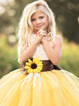 Yellow Tulle  Ball Gown Flower Girl Dress with Lace Flower