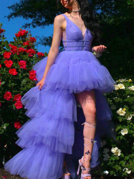 Shop 2022 ANNAKOO Lilac Tulle High Low Tieres Beading Prom Dress under 199