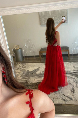 Shop 2022 ANNAKOO Red Straps Lace Sexy Backless Formal Prom Dress Under 179