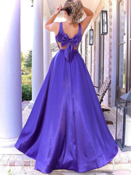 Shop 2022 ANNAKOO V Neck Long Bowknot Purple Satin Prom Formal Dress Under 149
