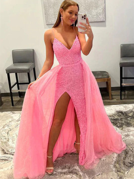 Shop Annakoo 2022 Pink V Neck Detachable Train Mermaid Sequin Prom Dress Under 179