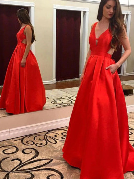 Shop ANNAKOO 2022 Satin V Neck Floor Length Backless Red Prom Dress With Pockets Under 139
