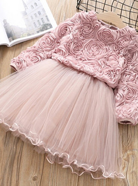 Lace Long Sleeves Pink Tulle Flower Girl Dress 