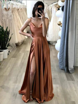 Shop 2022 Brown Straps Sheath Column Satin Prom Dress With Slit Under 119