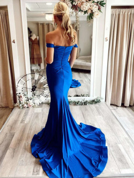 Shop 2022 ANNAKOO Blue Satin Ruched Trumpet Mermaid Prom Dress Under 129