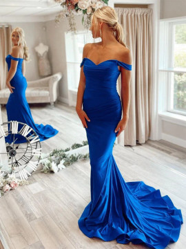 Shop 2022 ANNAKOO Blue Satin Ruched Trumpet Mermaid Prom Dress Under 129