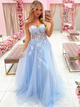 Blue Sweetheart Long See Through Appliques Formal Prom Dress