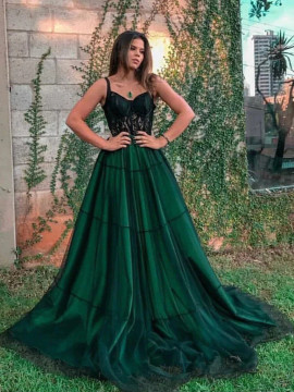 Shop 2022 Dark Green Tulle Appliques See Through Prom Dress Under 159