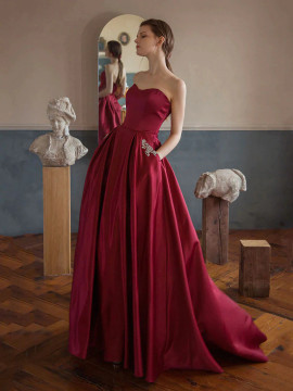 Shop 2022 ANNAKOO Burgundy Strapless Beading Pocktes A Line Satin Formal Dress Under 148