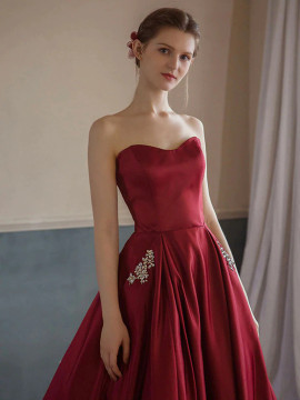 Shop 2022 ANNAKOO Burgundy Strapless Beading Pocktes A Line Satin Formal Dress Under 148