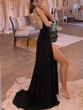 Shop 2022 Annakoo V Neck Sexy Backless Spandex Black Prom Dress with Slit Under 99