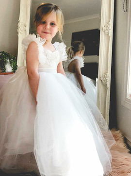 Ball Gown Square Ruffles Long White Tulle Flower Girl Dress 