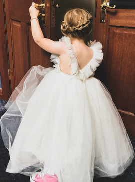 Ball Gown Square Ruffles Long White Tulle Flower Girl Dress 
