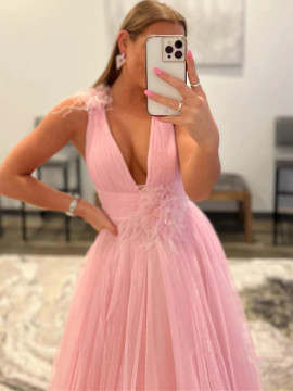 Shop Annakoo 2022 Pink Feather Long V Neck A Line Tulle Prom Dress Under 179