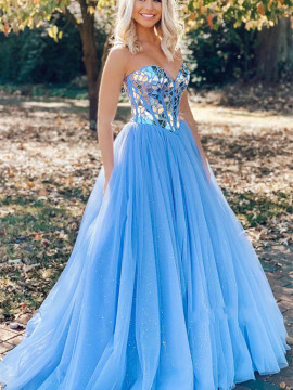 Shop 2022 ANNAKOO Blue Sweetheart Ball Gown Lace Up Tulle Prom Dress Under 219