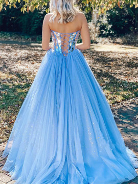 Shop 2022 ANNAKOO Blue Sweetheart Ball Gown Lace Up Tulle Prom Dress Under 219