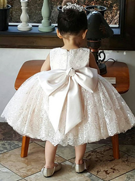 Ball Gown Bowknot Scoop Pearl Pink Lace Flower Girl Dress