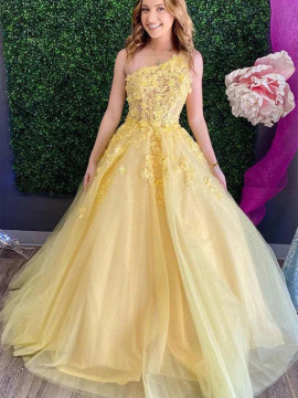 Shop 2022 Annakoo One Shoulder Yellow Appliques Lace Prom Formal Dress Under 195