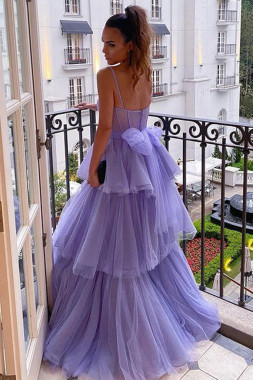 Shop 2022 Annakoo Spaghetti Straps Open Back Tulle Ruffles Bowknot Prom Dress Under 179