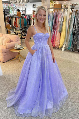 Buy 2022 Annakoo Spaghetti Straps Tulle Lilac Sparkle A Line Prom Dress Under 158