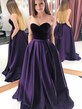 Shop 2022 Velvet Purple Sweetheart A Line Prom Dress With Pocktes under 148