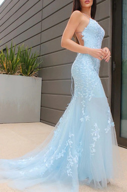 Shop 2022 ANNAKOO Sky Blue Lace Appliques Cross Criss Backless Prom Dress Under 168