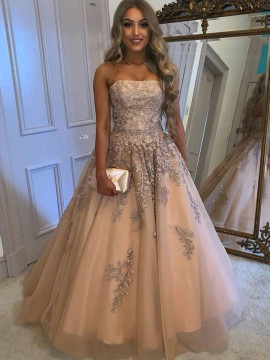 Shop 2022 ANNAKOO Strapless Champagne Appliques A Line Prom Dress Under 192
