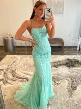 Shop 2022 Annakoo Mint Halter Tulle Appliques Trumpet Sexy Backless Prom Dress Under 178